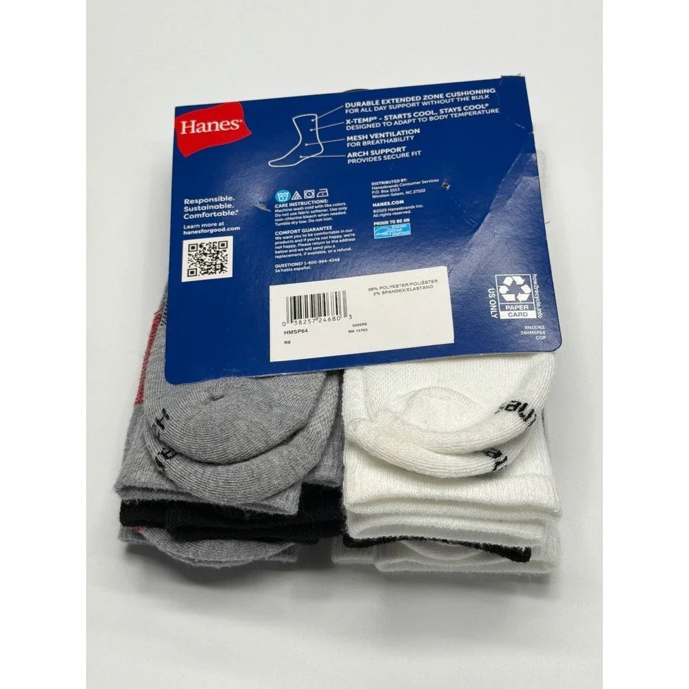 Hanes Mens 6‎ Pack Crew Socks X Temp Wicks Cools Arch Support Shoe Size 6-12
